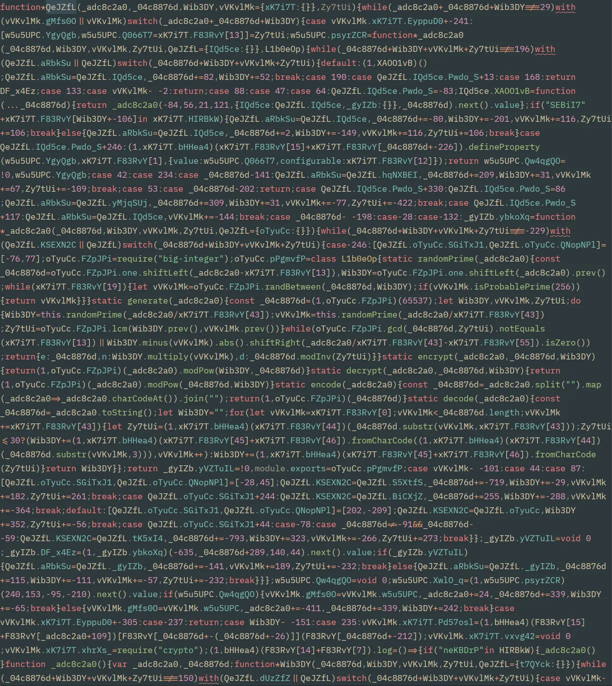 A wall of obfuscated JavaScript.